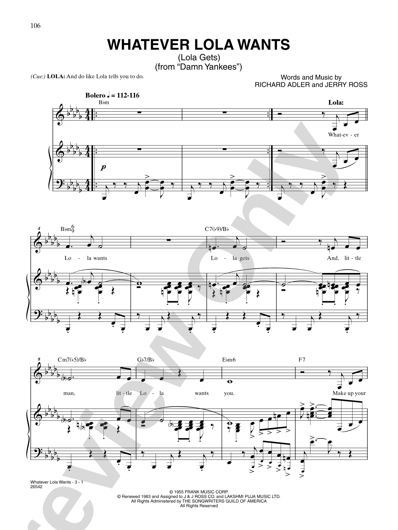 Whatever Lola Wants (Lola Gets) (From "Damn Yankees"): Piano/Vocal/Chords