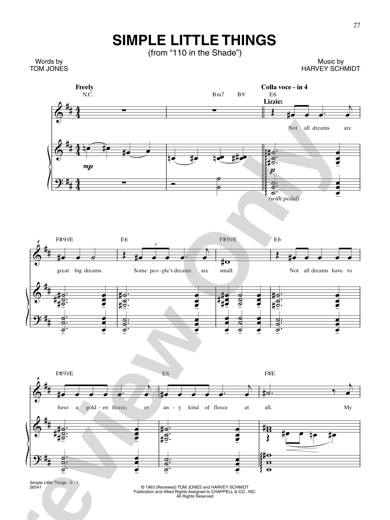 Simple Little Things (From "110 in the Shade"): Piano/Vocal/Chords