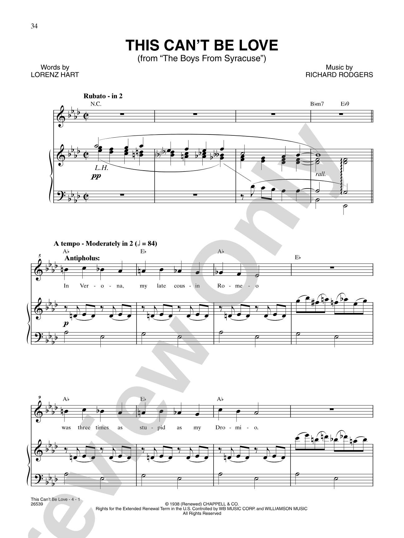 This Can't Be Love (From "The Boys from Syracuse"): Piano/Vocal/Chords