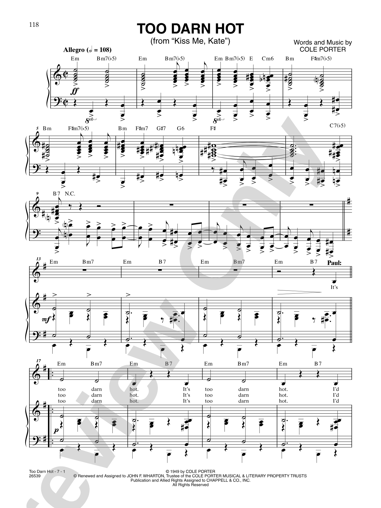Too Darn Hot (From "Kiss Me, Kate"): Piano/Vocal/Chords