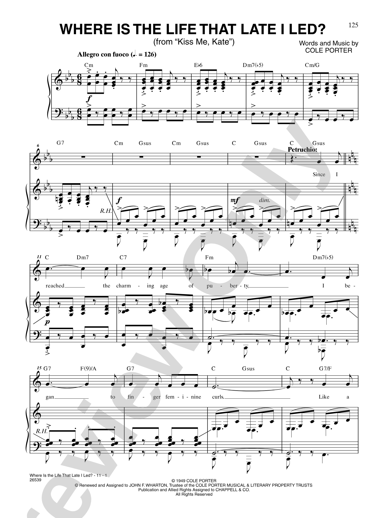 Where Is the Life That Late I Led? (From "Kiss Me, Kate"): Piano/Vocal/Chords