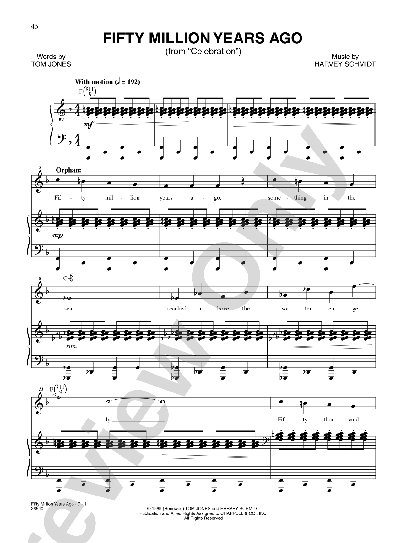 Fifty Million Years Ago (From "Celebration"): Piano/Vocal/Chords