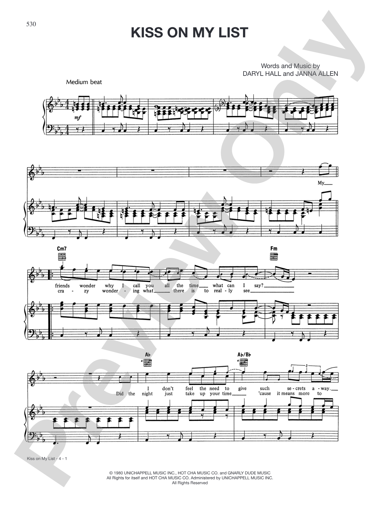 Kiss On My List: Piano/Vocal/Chords