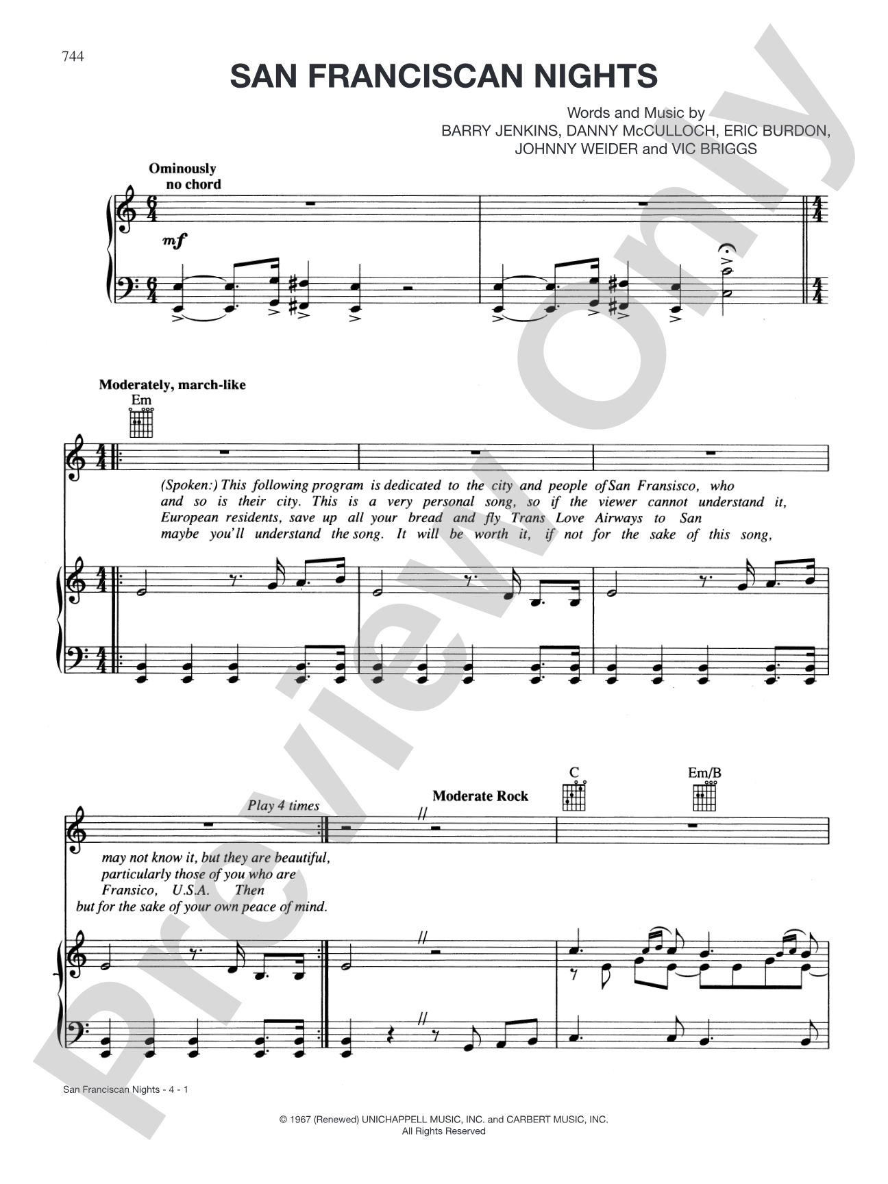 San Franciscan Nights: Piano/Vocal/Chords