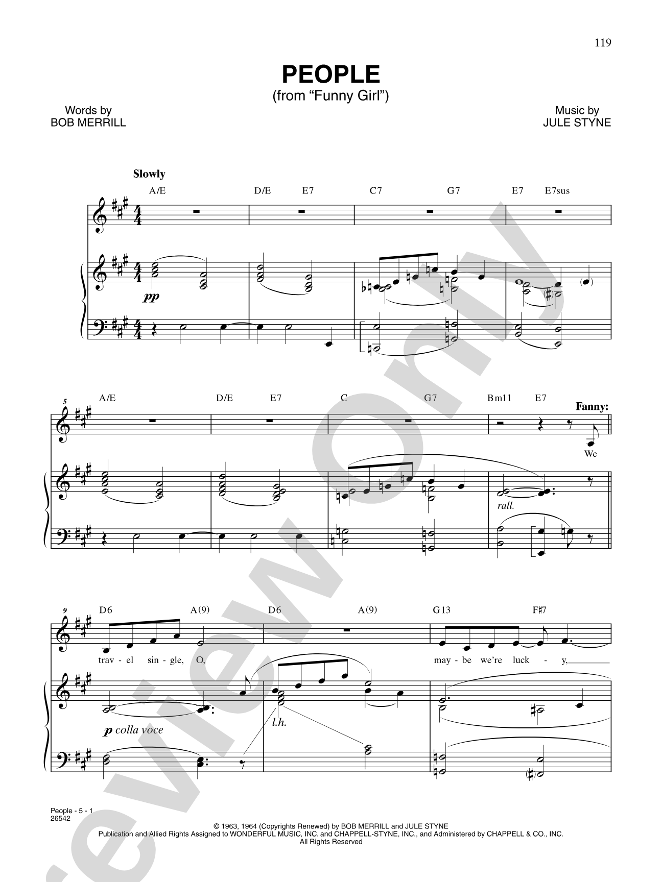 People (From "Funny Girl"): Piano/Vocal/Chords