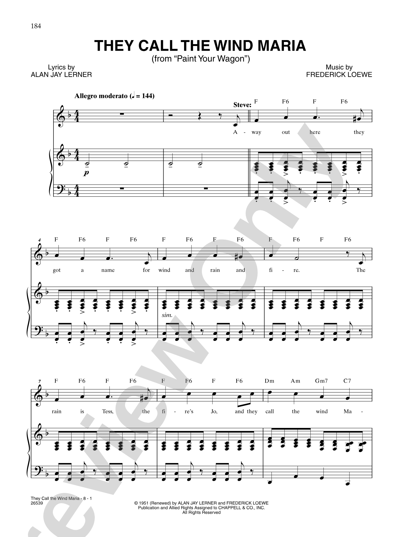 They Call the Wind Maria (From "Paint Your Wagon"): Piano/Vocal/Chords