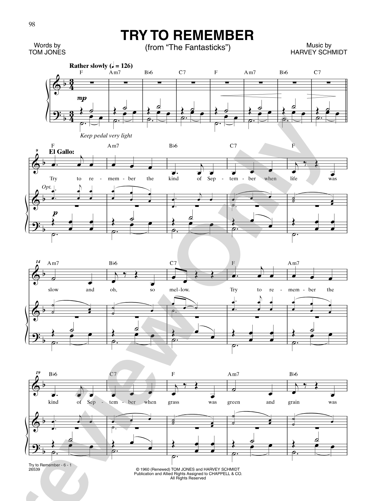 Try to Remember (From "The Fantasticks"): Piano/Vocal/Chords