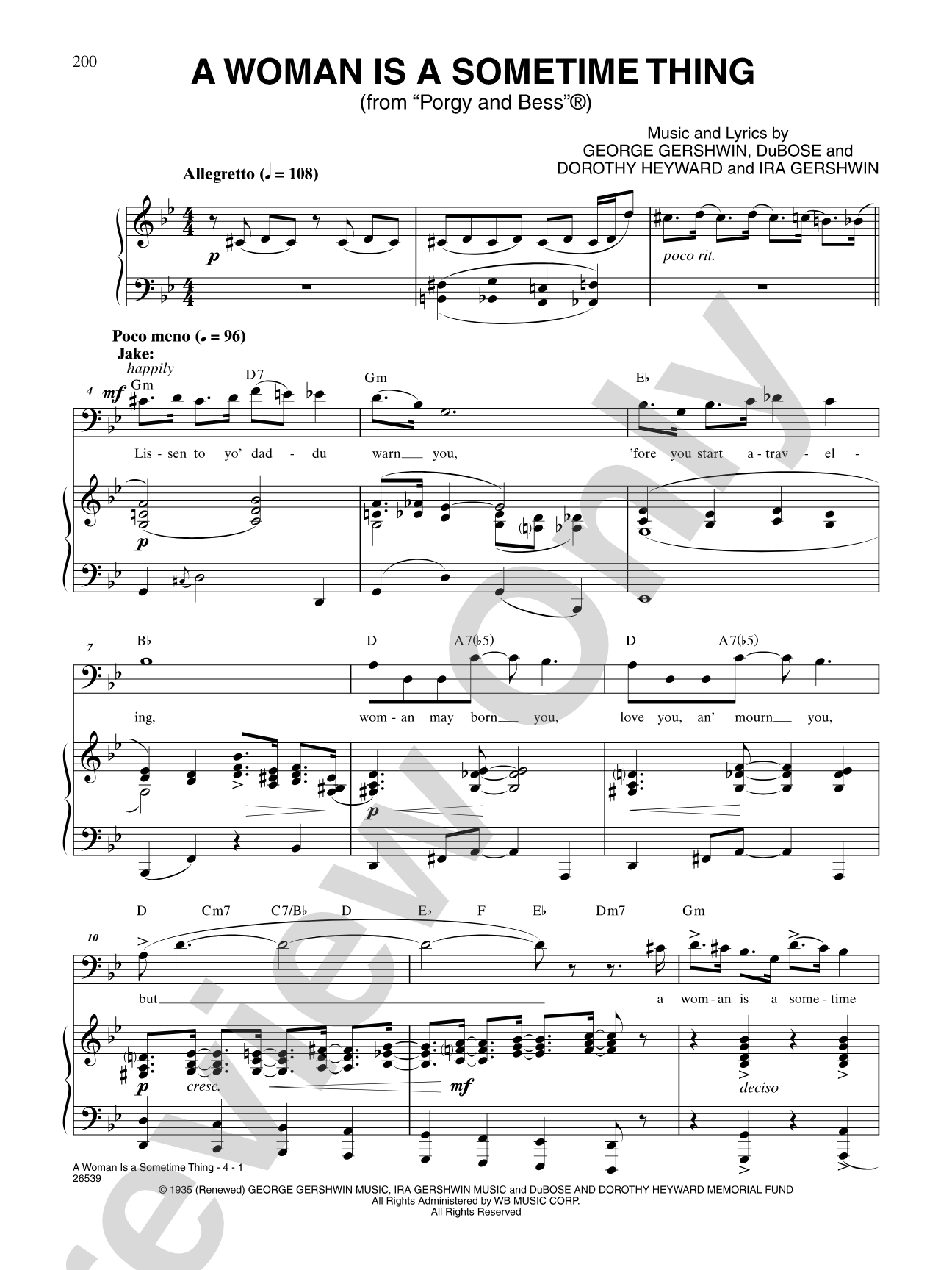 A Woman Is a Sometime Thing (From "Porgy and Bess"): Piano/Vocal/Chords