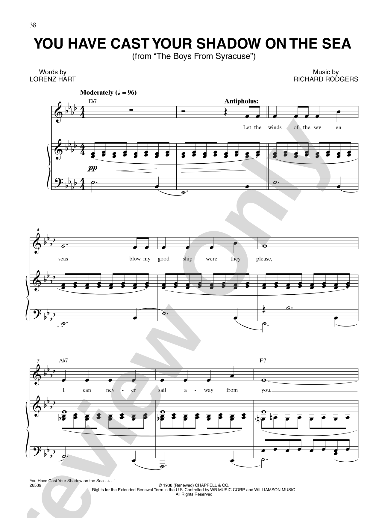 You Have Cast Your Shadow on the Sea (From "The Boys from Syracuse"): Piano/Vocal/Chords