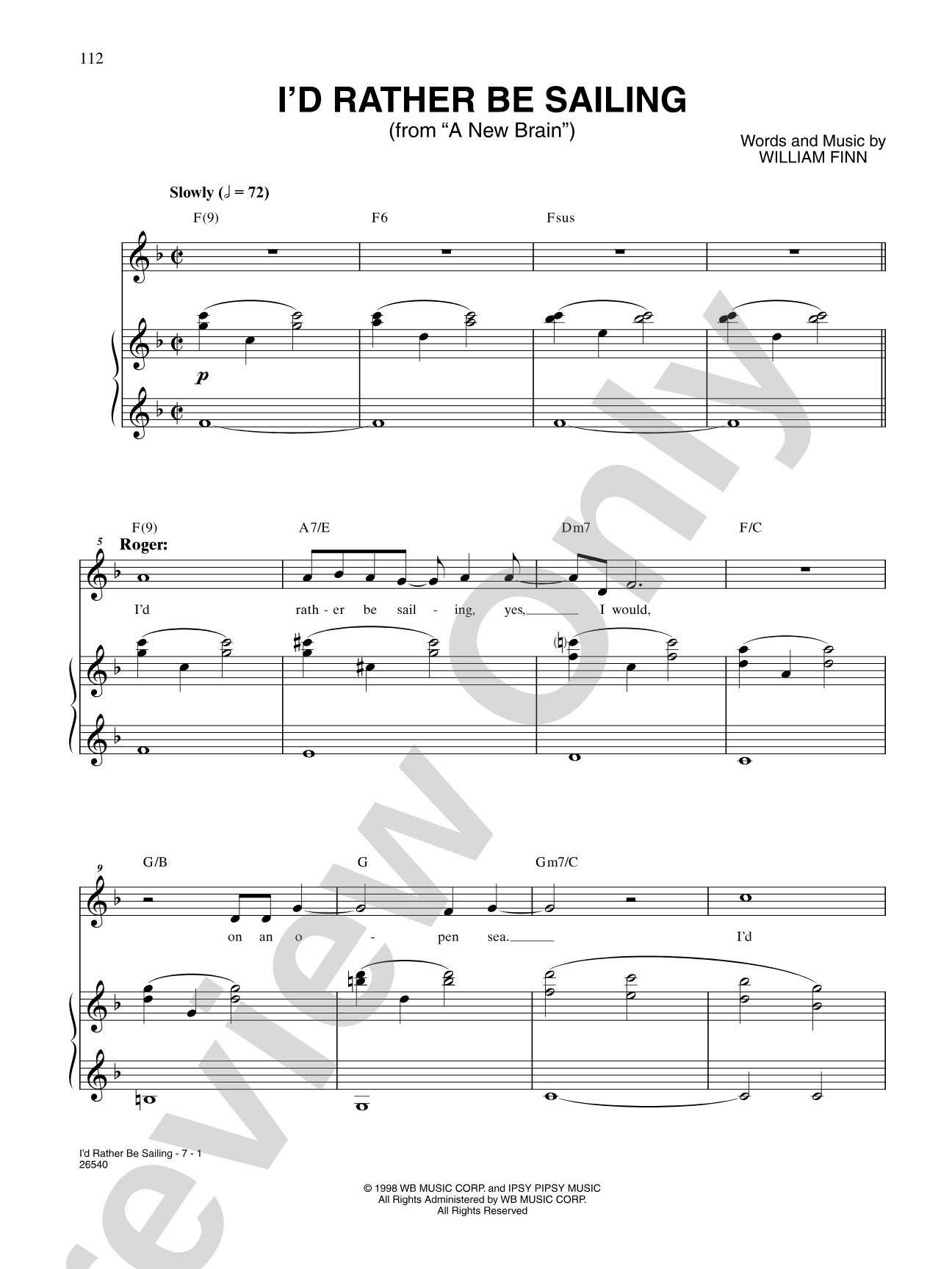 I'd Rather Be Sailing (From "A New Brain"): Piano/Vocal/Chords
