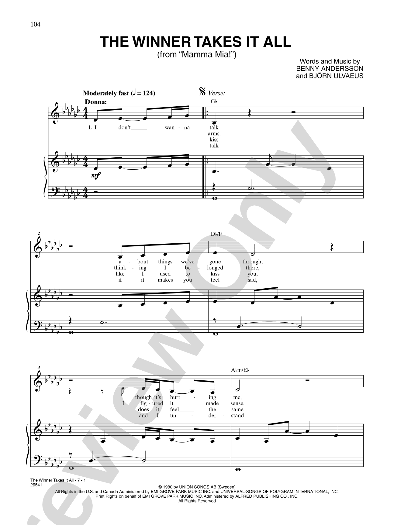 The Winner Takes It All (From "Mamma Mia!"): Piano/Vocal/Chords