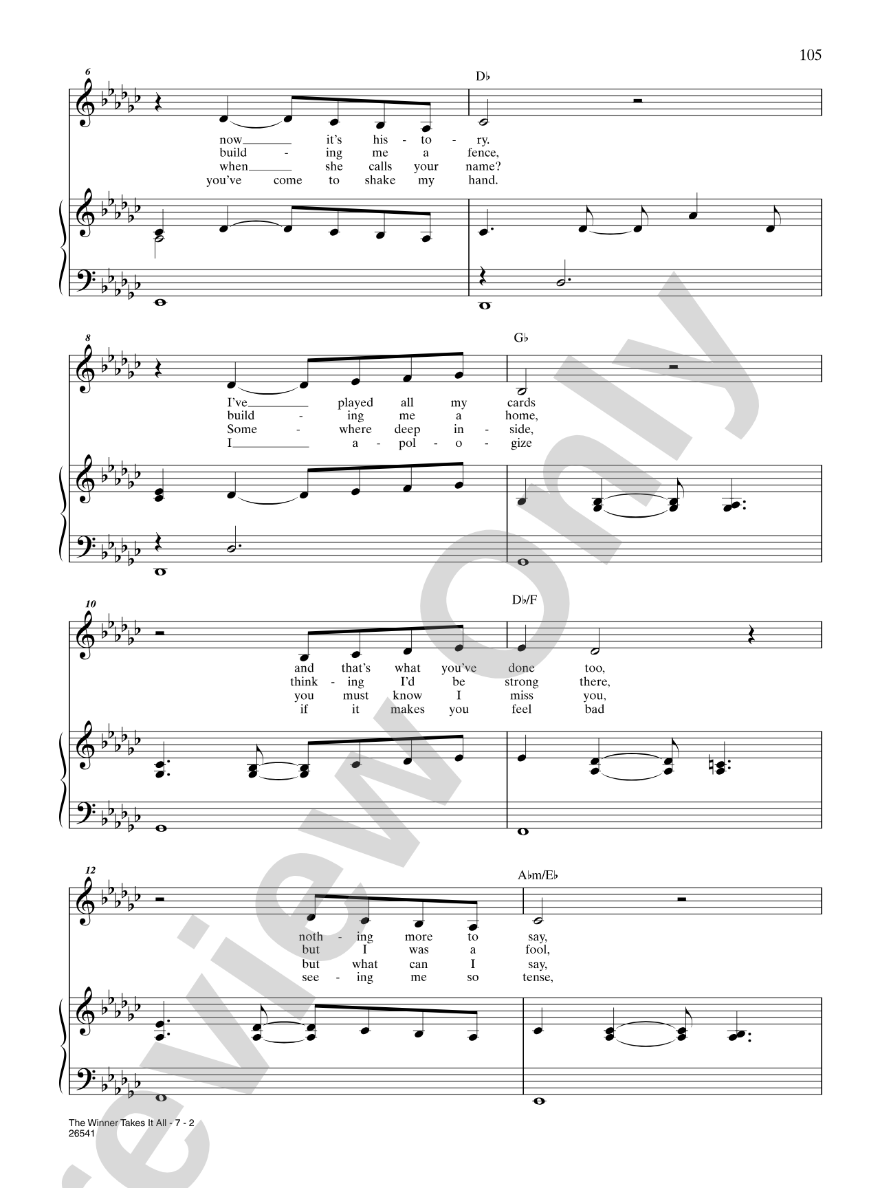 The Winner Takes It All (From "Mamma Mia!"): Piano/Vocal/Chords