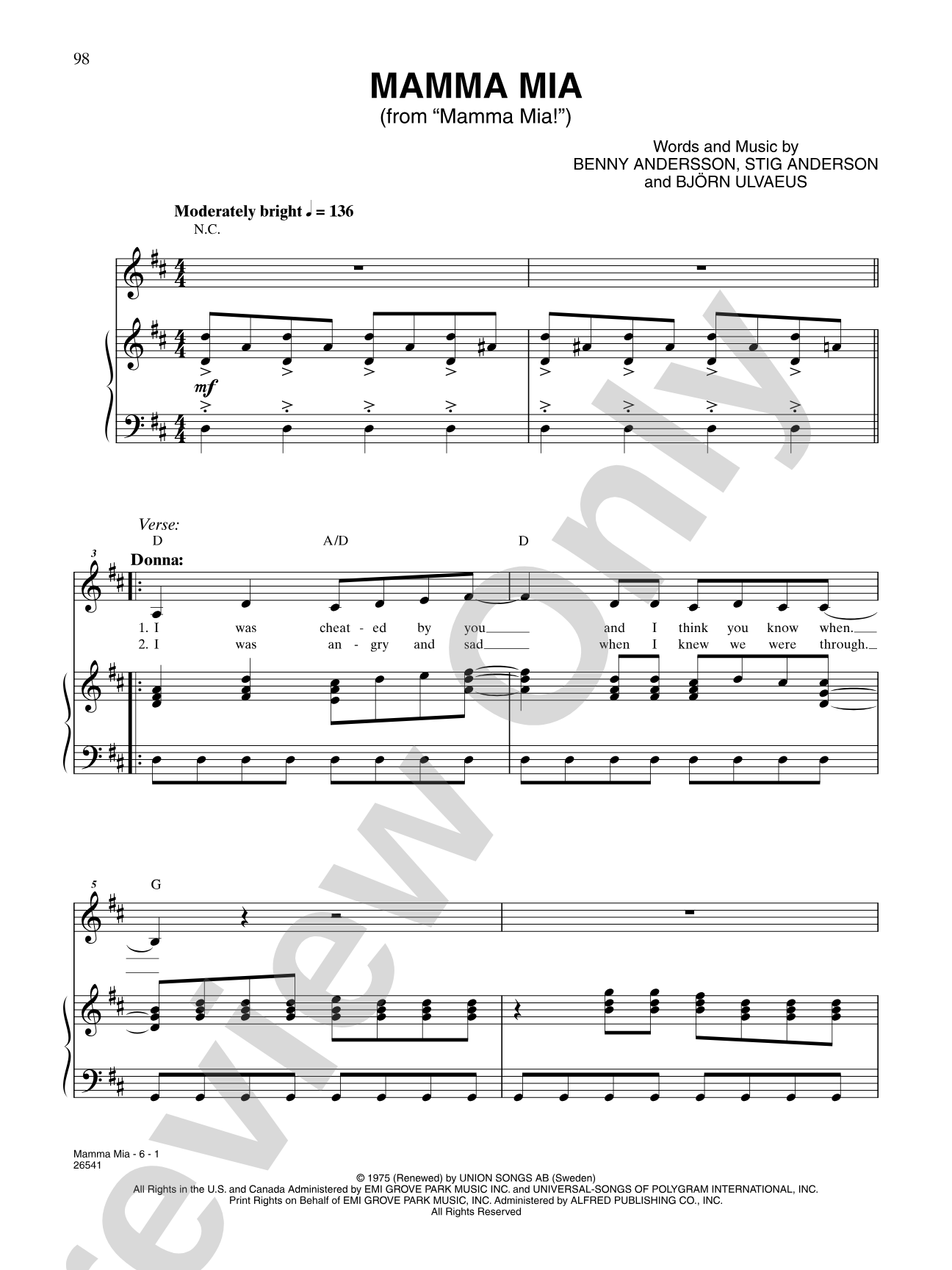 Mamma Mia (From "Mamma Mia!"): Piano/Vocal/Chords