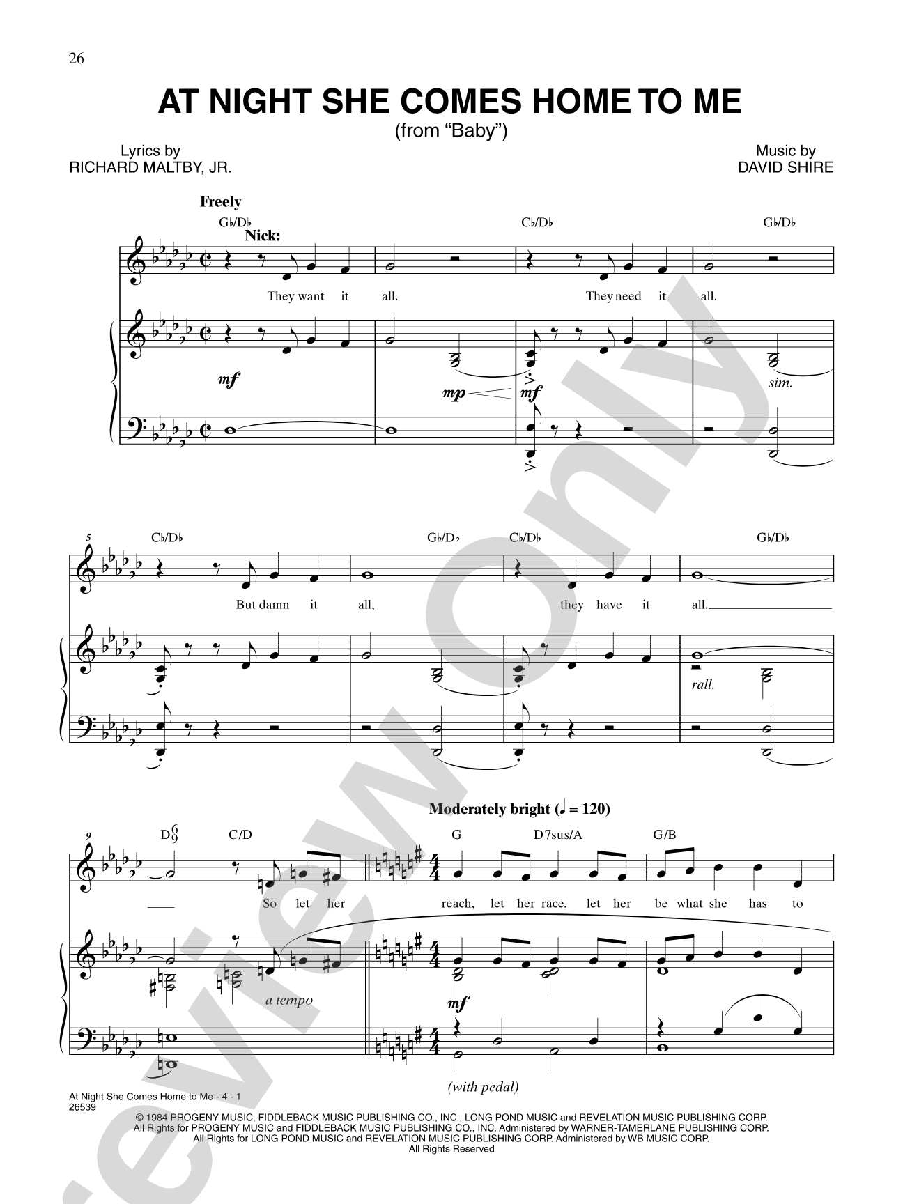 At Night She Comes Home to Me (From "Baby"): Piano/Vocal/Chords
