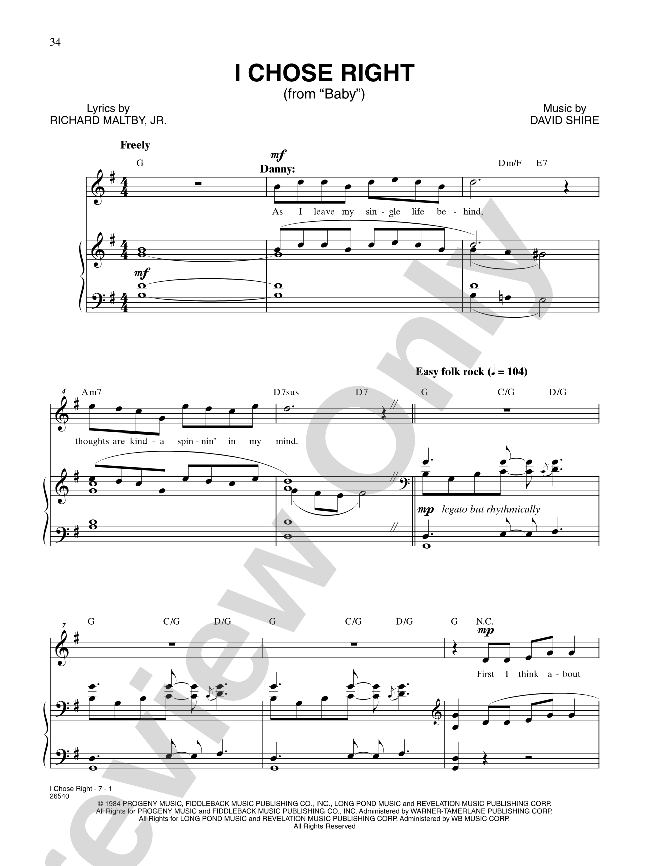 I Chose Right (From "Baby"): Piano/Vocal/Chords