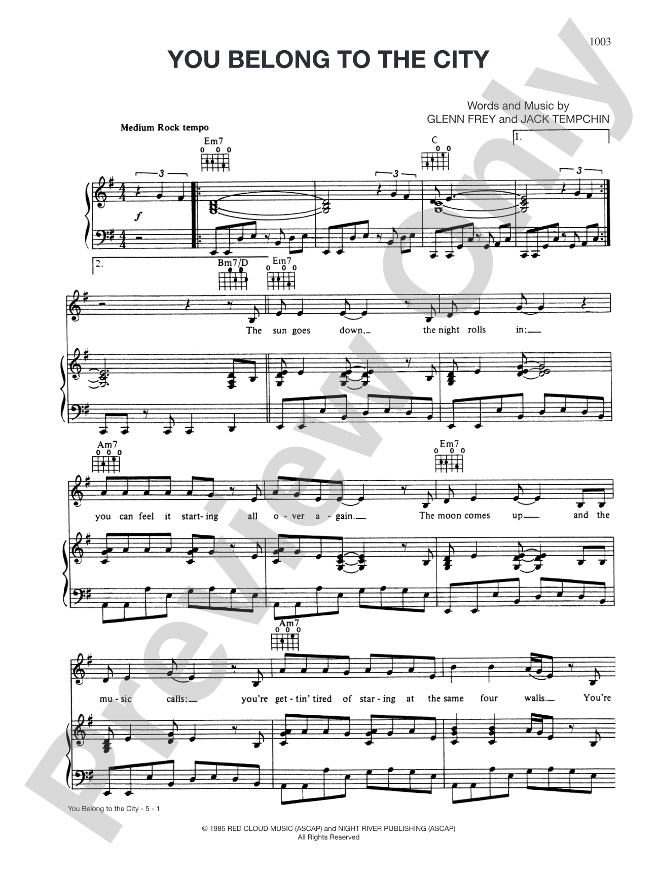 You Belong to the City: Piano/Vocal/Chords
