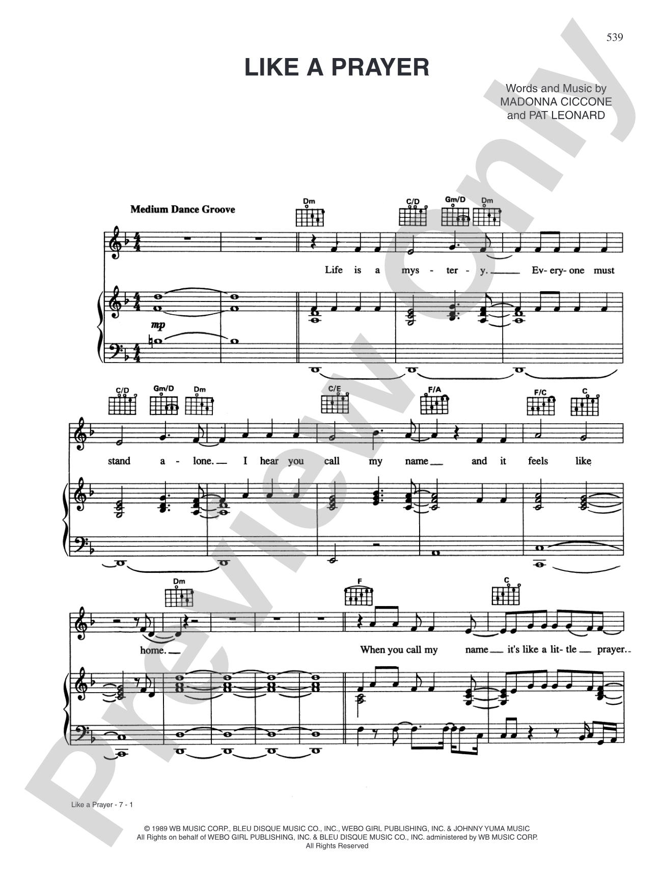 Like a Prayer: Piano/Vocal/Chords