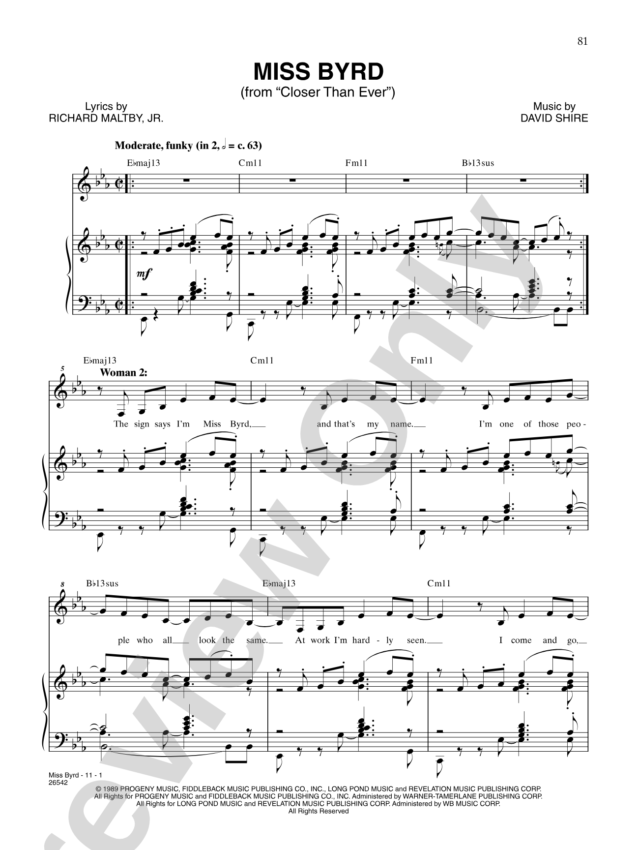 Miss Byrd (From "Closer Than Ever"): Piano/Vocal/Chords