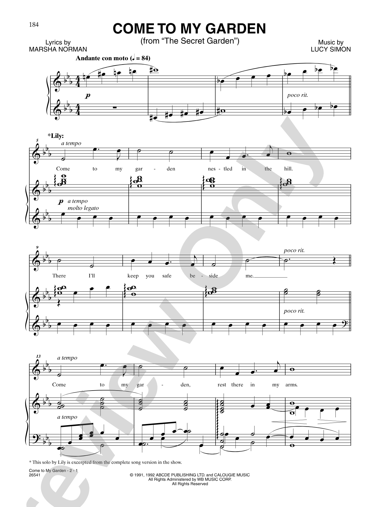 Come to My Garden (From "The Secret Garden"): Piano/Vocal/Chords