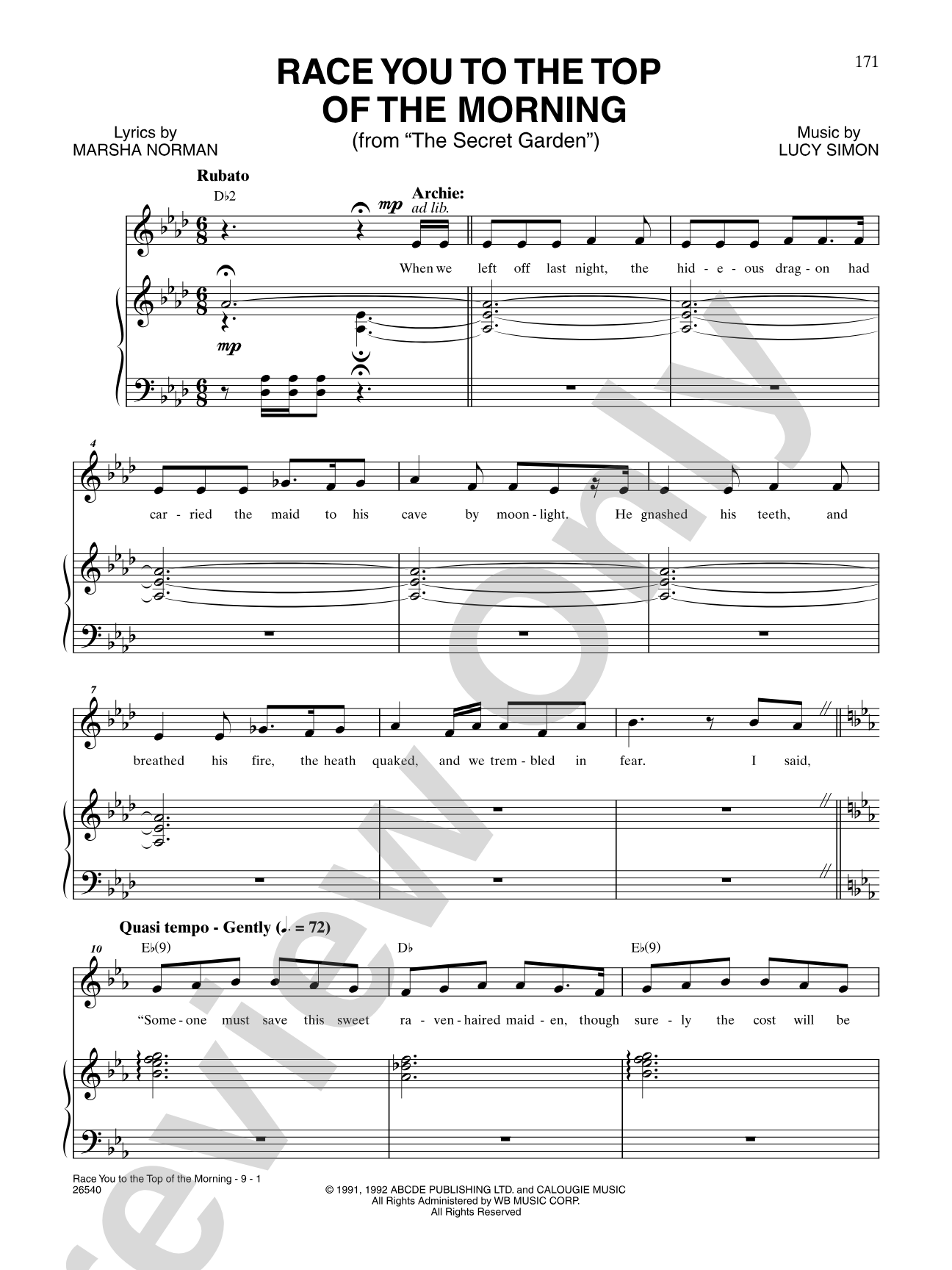 Race You to the Top of the Morning (From "The Secret Garden"): Piano/Vocal/Chords