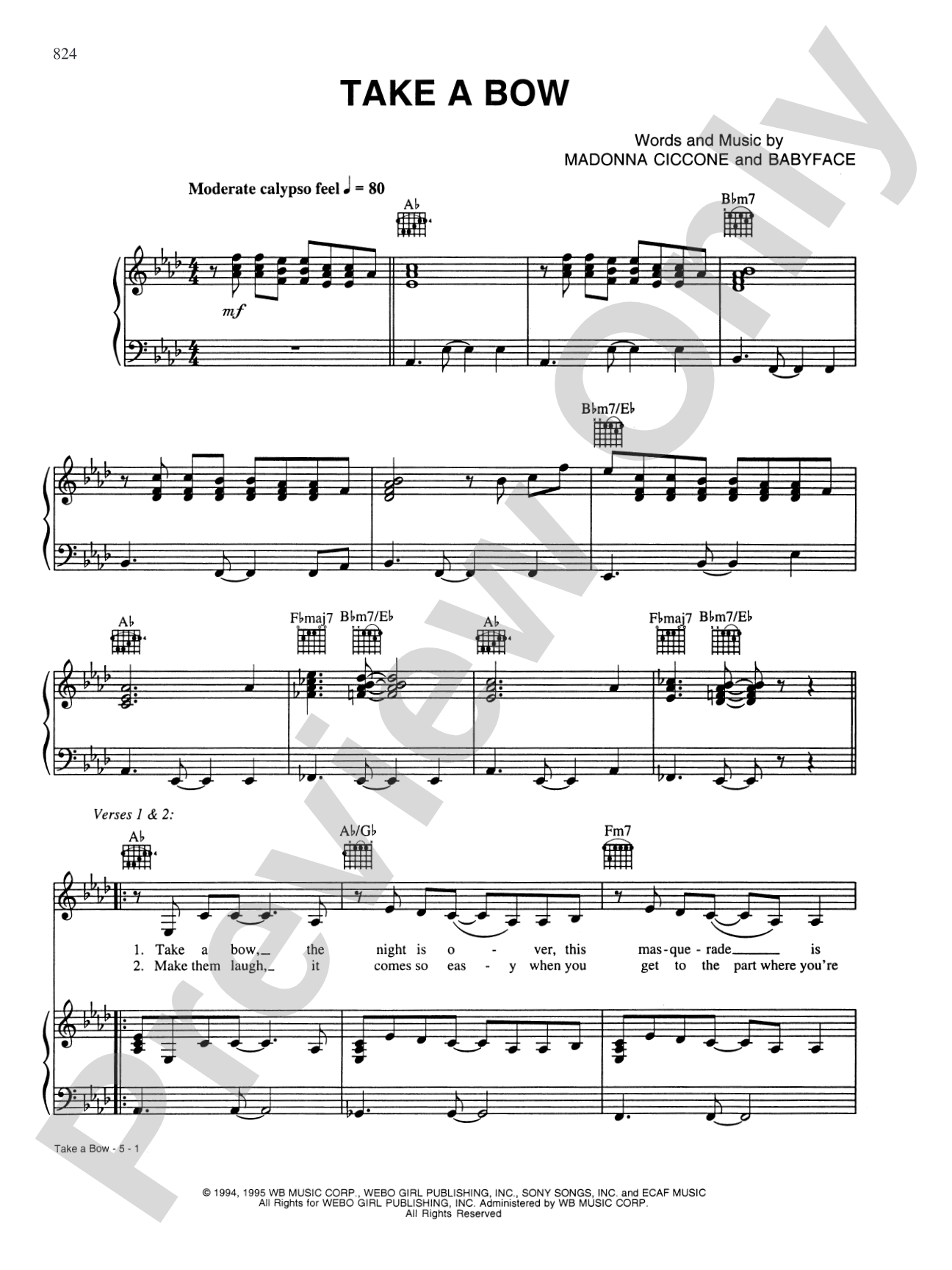 Take a Bow: Piano/Vocal/Chords