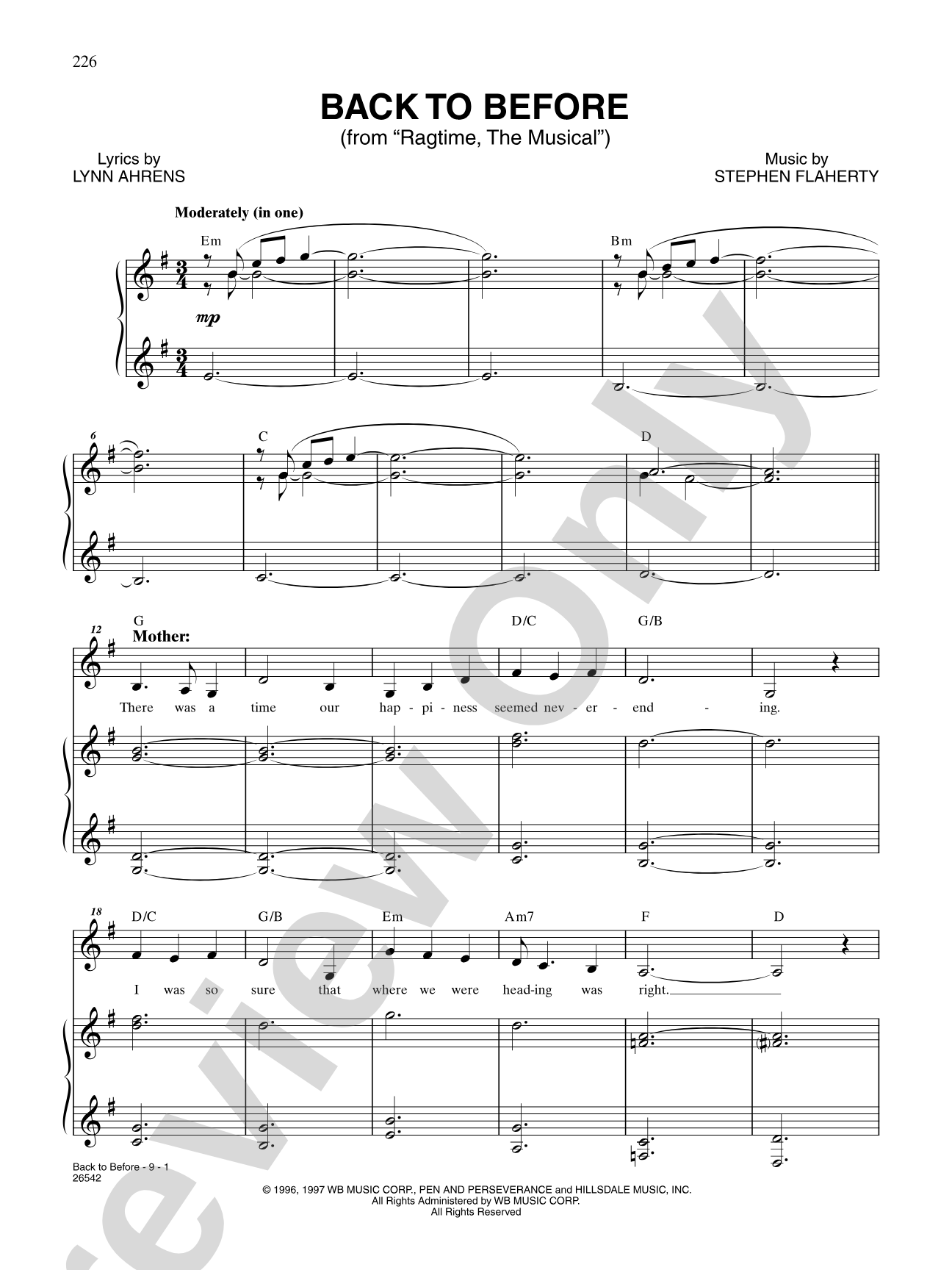 Back to Before (From "Ragtime"): Piano/Vocal/Chords