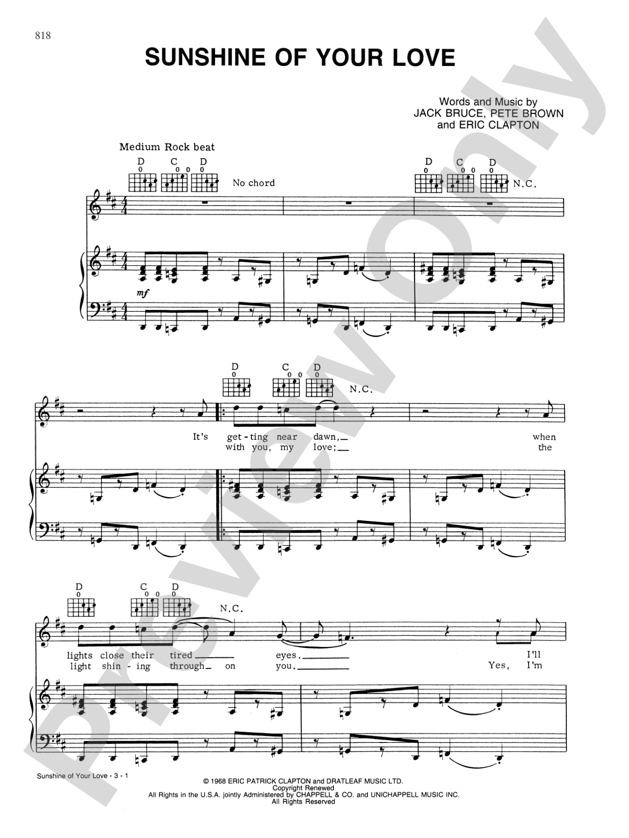 Sunshine of Your Love: Piano/Vocal/Chords