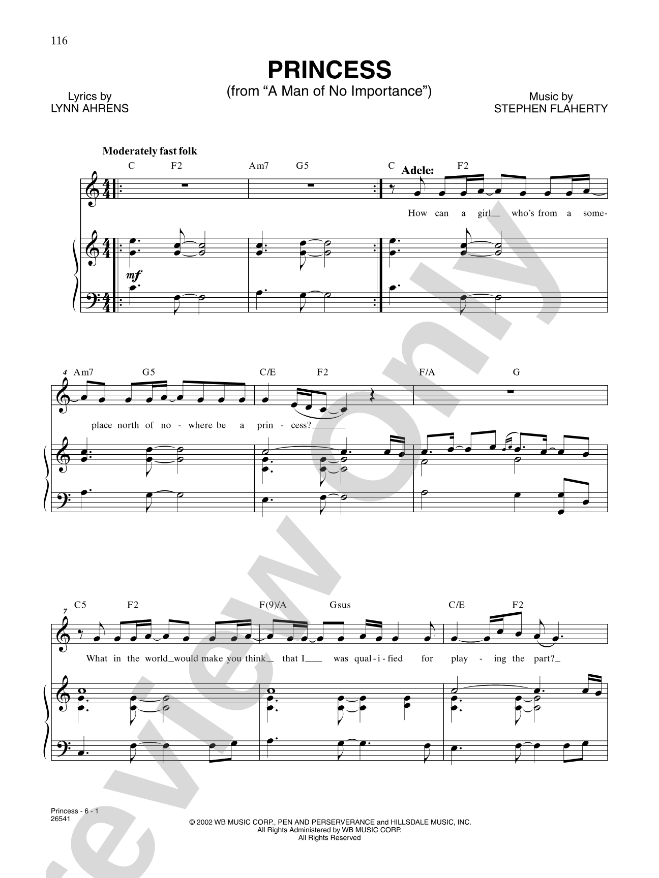 Princess (From "A Man of No Importance"): Piano/Vocal/Chords