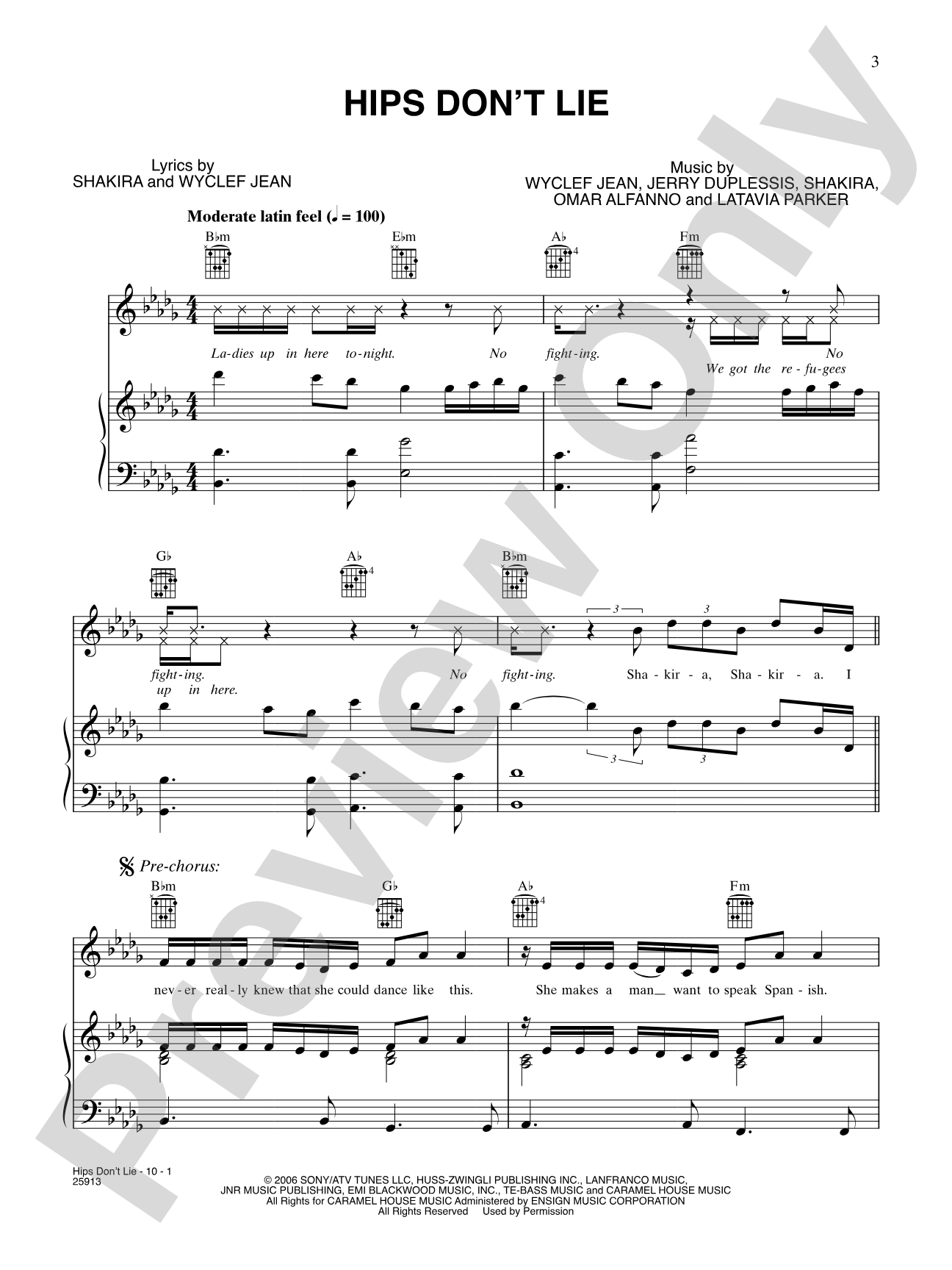 Hips Don't Lie: Piano/Vocal/Chords