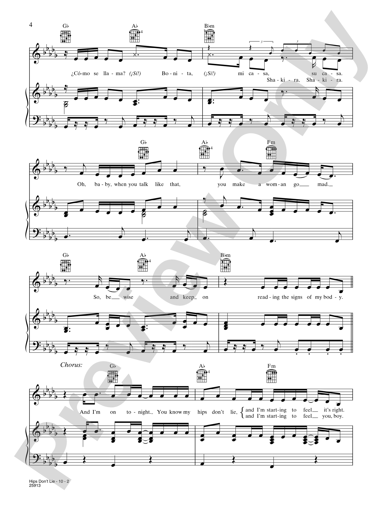 Hips Don't Lie: Piano/Vocal/Chords