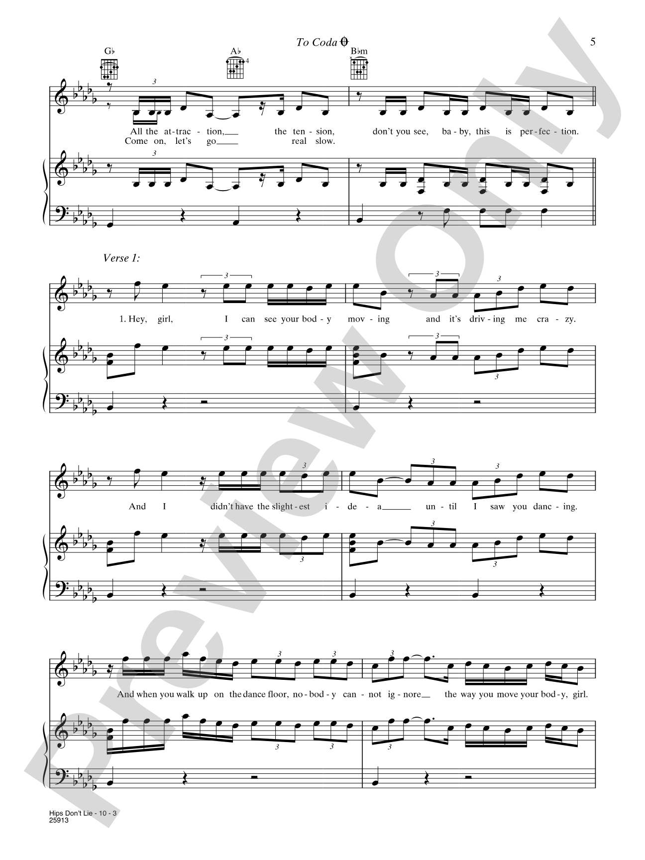 Hips Don't Lie: Piano/Vocal/Chords