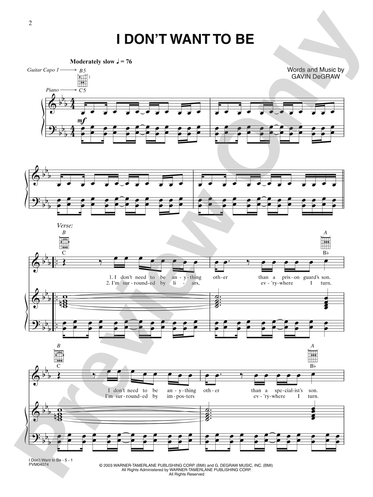 I Don't Want To Be: Piano/Vocal/Chords
