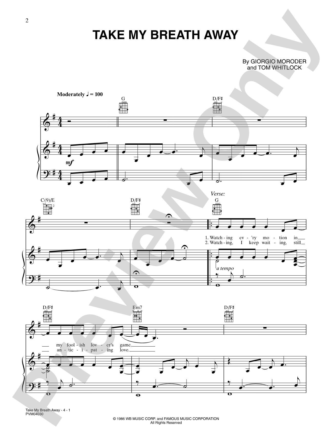Take My Breath Away: Piano/Vocal/Chords