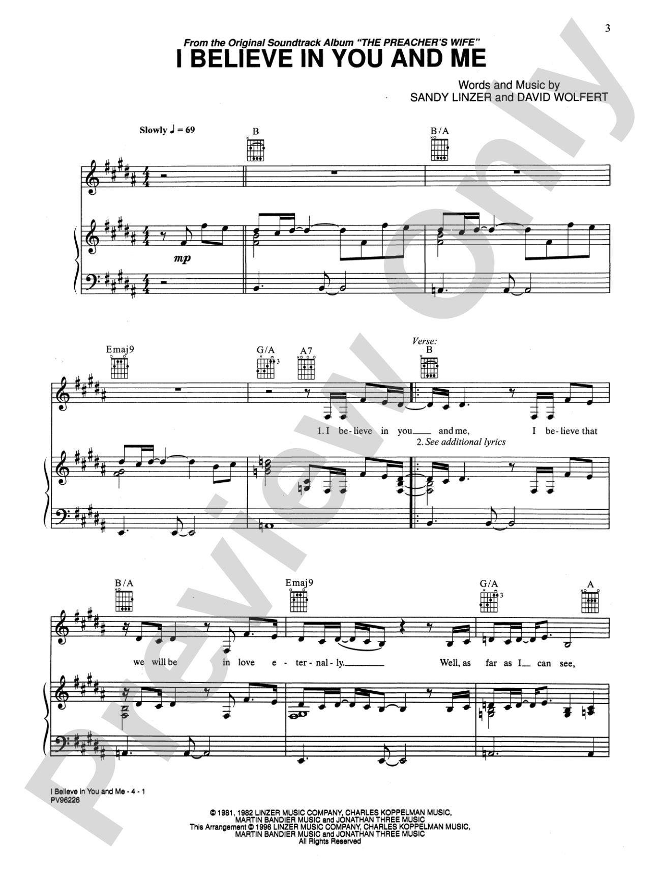 I Believe in You and Me (from The Preacher's Wife): Piano/Vocal/Chords