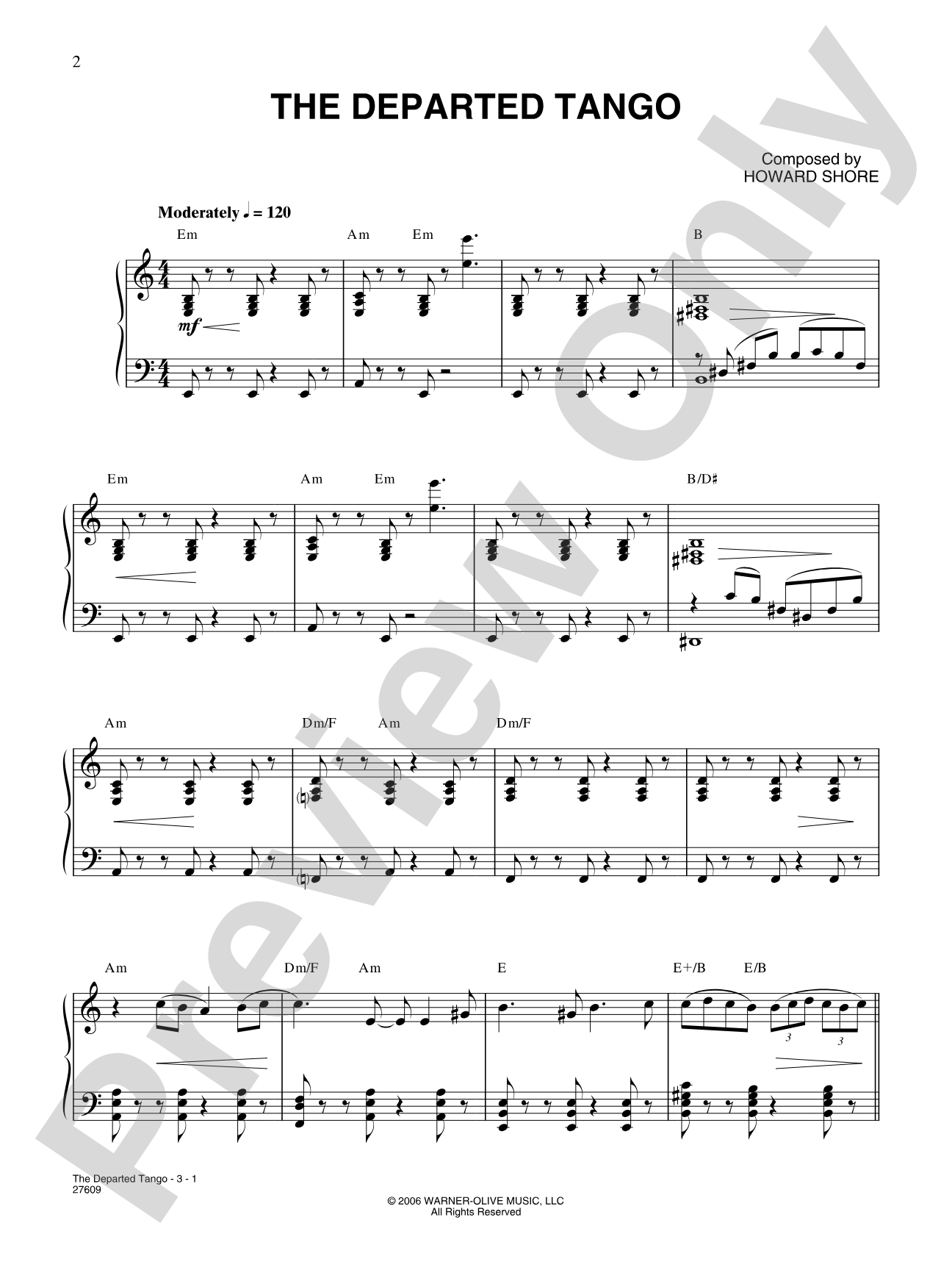 The Departed Tango (from The Departed): Piano/Vocal/Chords