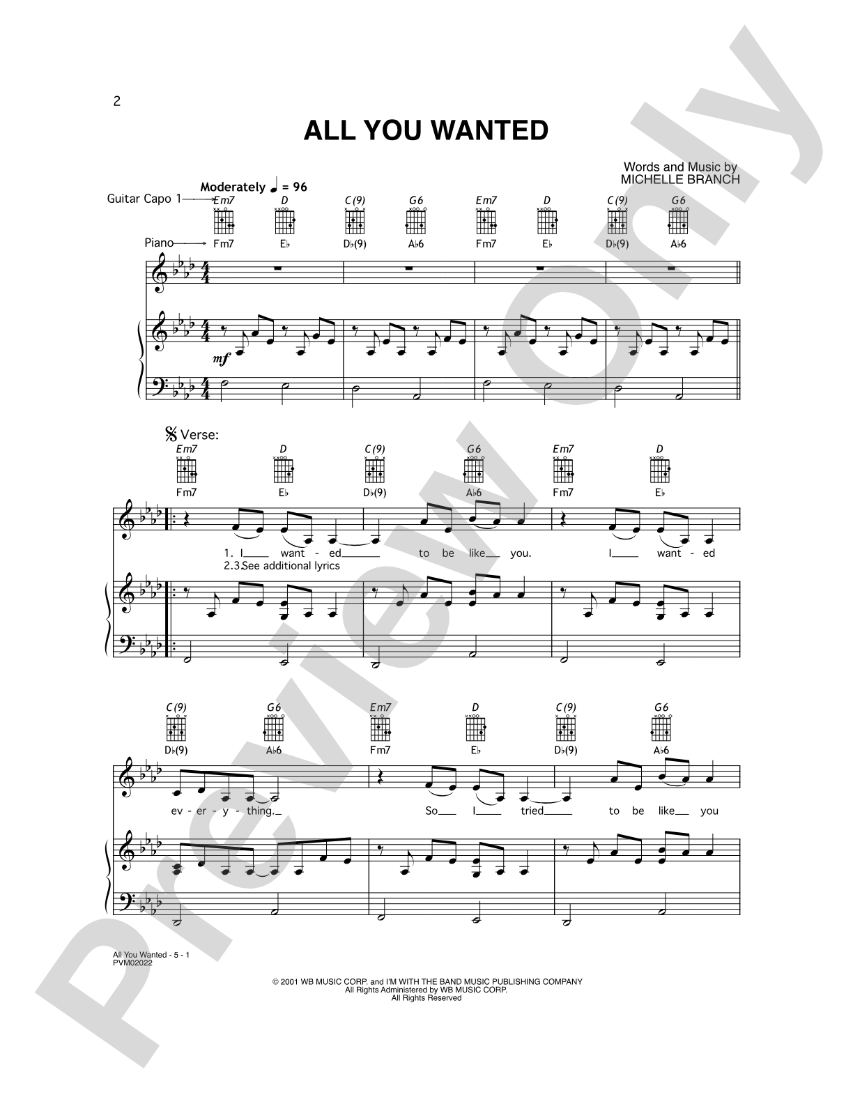 All You Wanted: Piano/Vocal/Chords