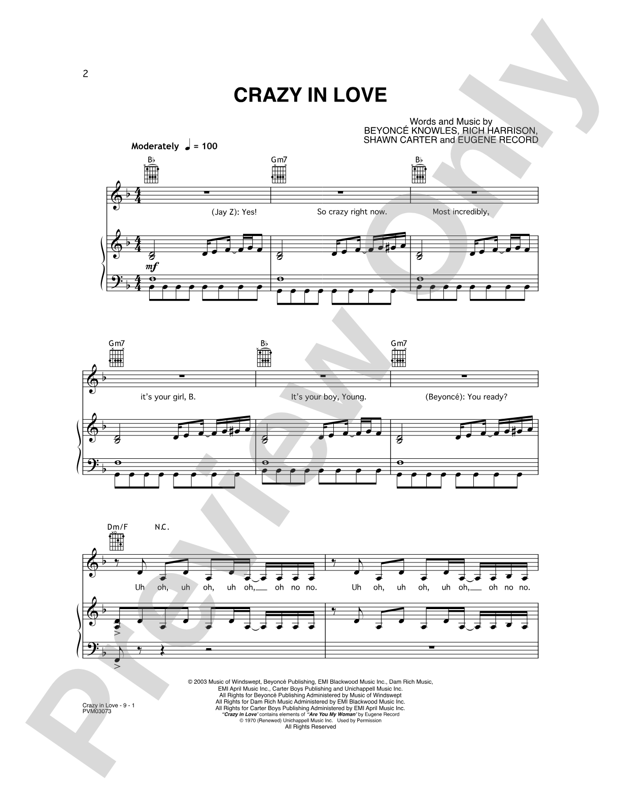 Crazy in Love: Piano/Vocal/Chords