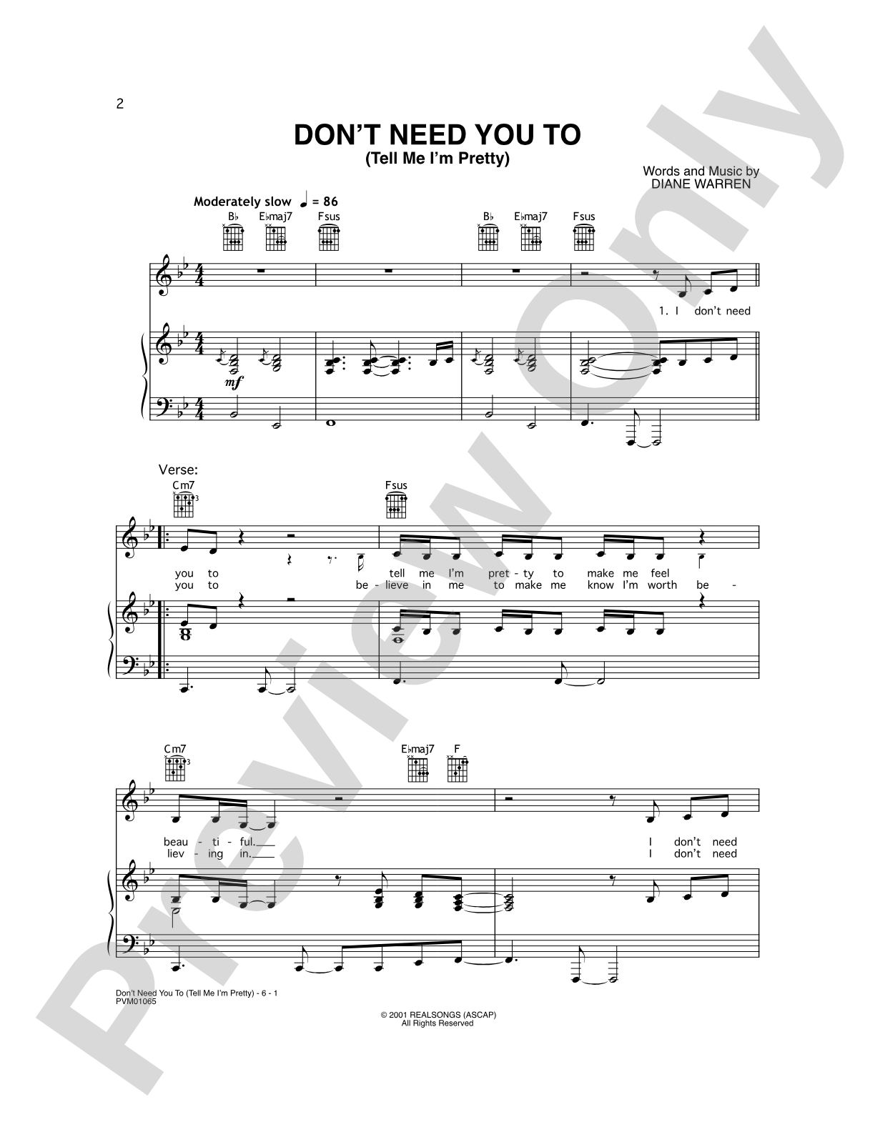 Don't Need You To (Tell Me I'm Pretty): Piano/Vocal/Chords