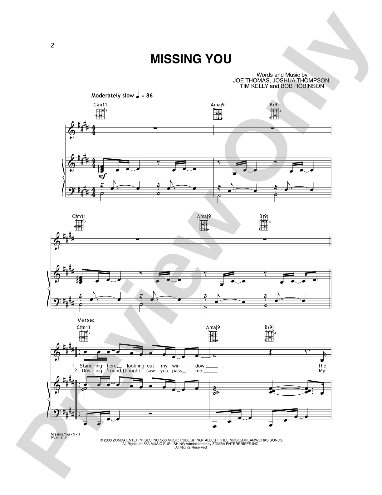 Missing You: Piano/Vocal/Chords