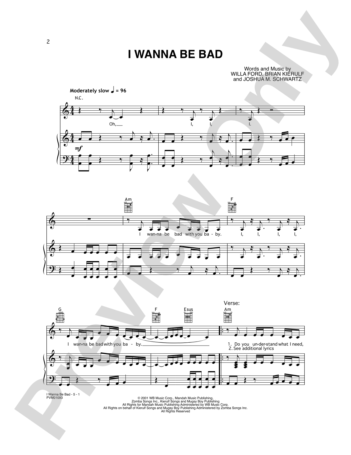 I Wanna Be Bad: Piano/Vocal/Chords