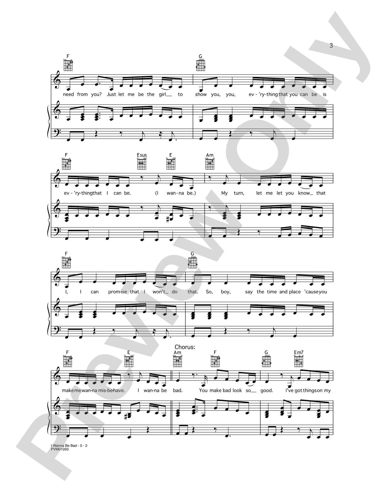 I Wanna Be Bad: Piano/Vocal/Chords