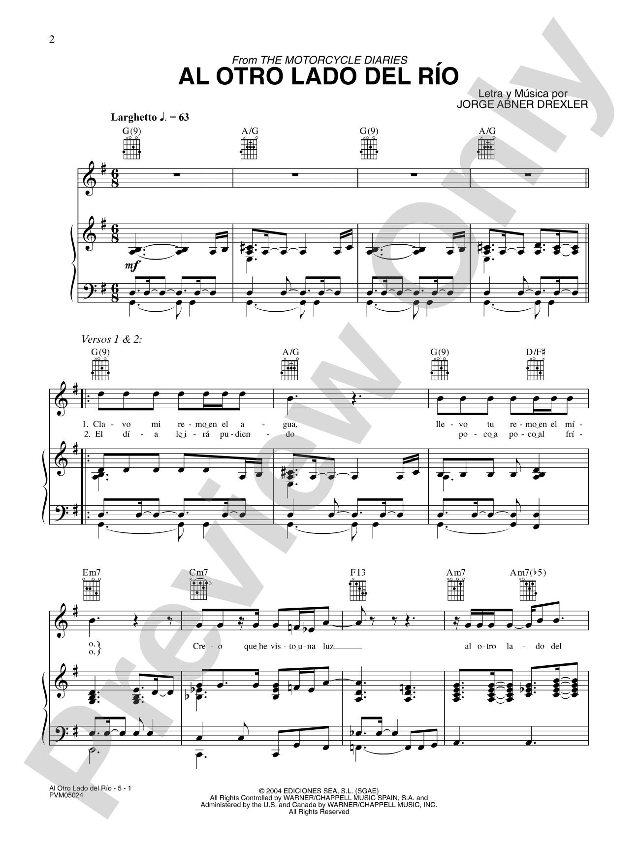 Al Otro Lado del Río (from "The Motorcycle Diaries"): Piano/Vocal/Chords