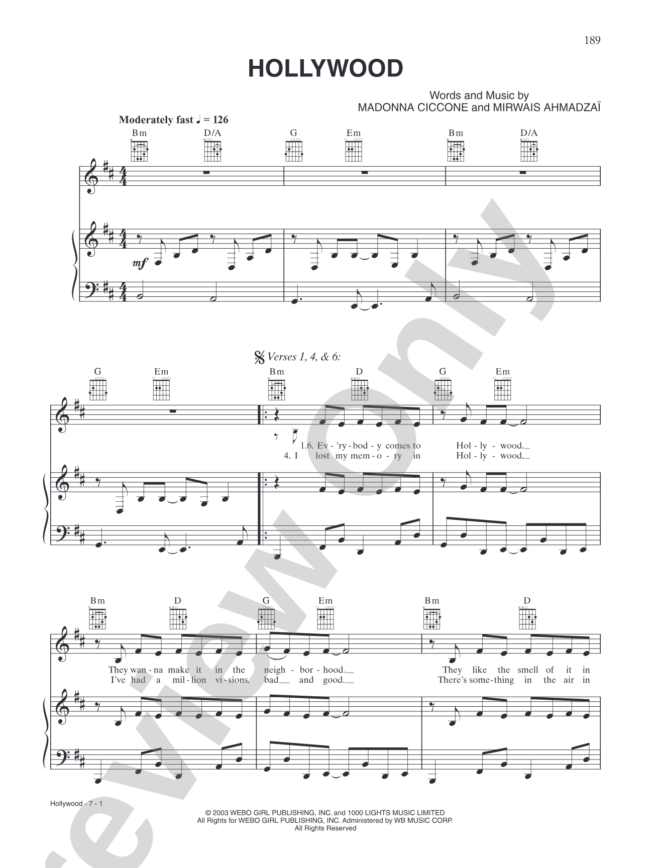 Hollywood: Piano/Vocal/Chords