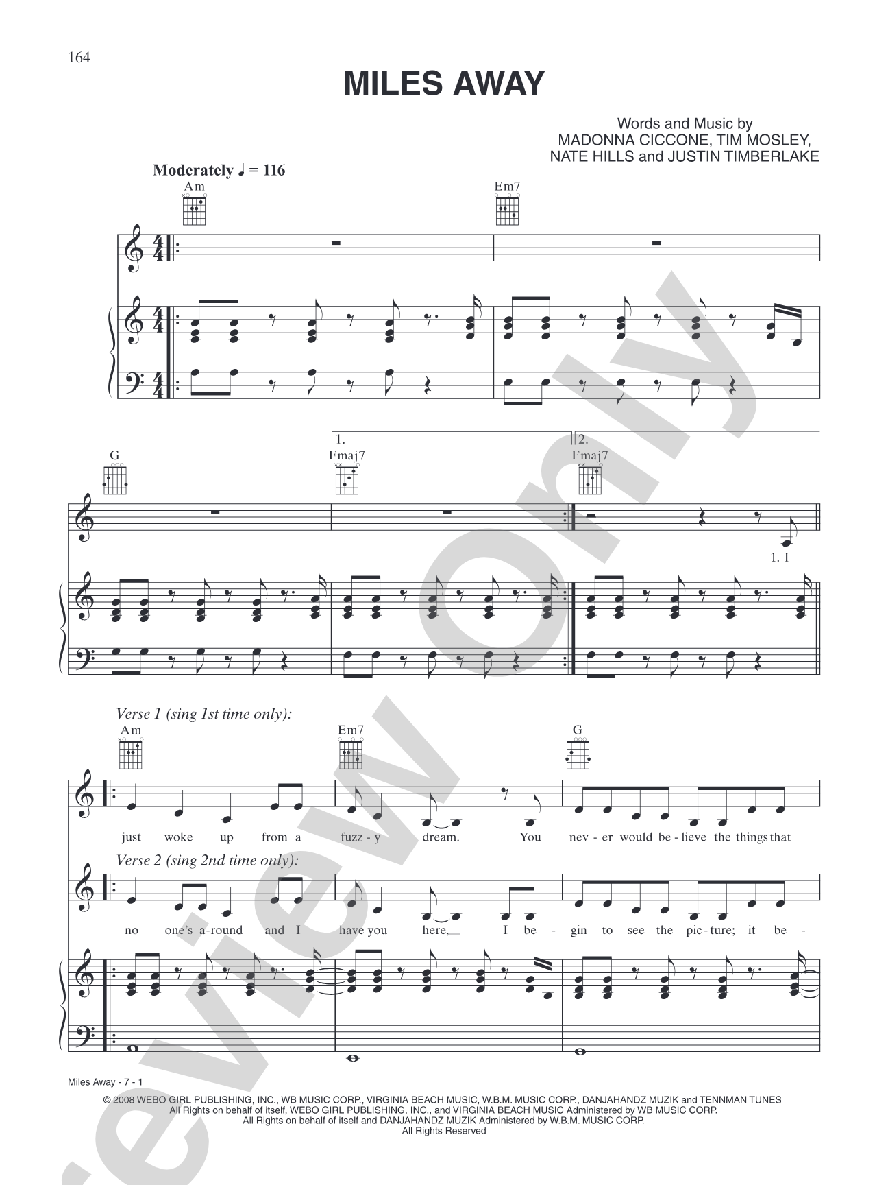 Miles Away: Piano/Vocal/Chords