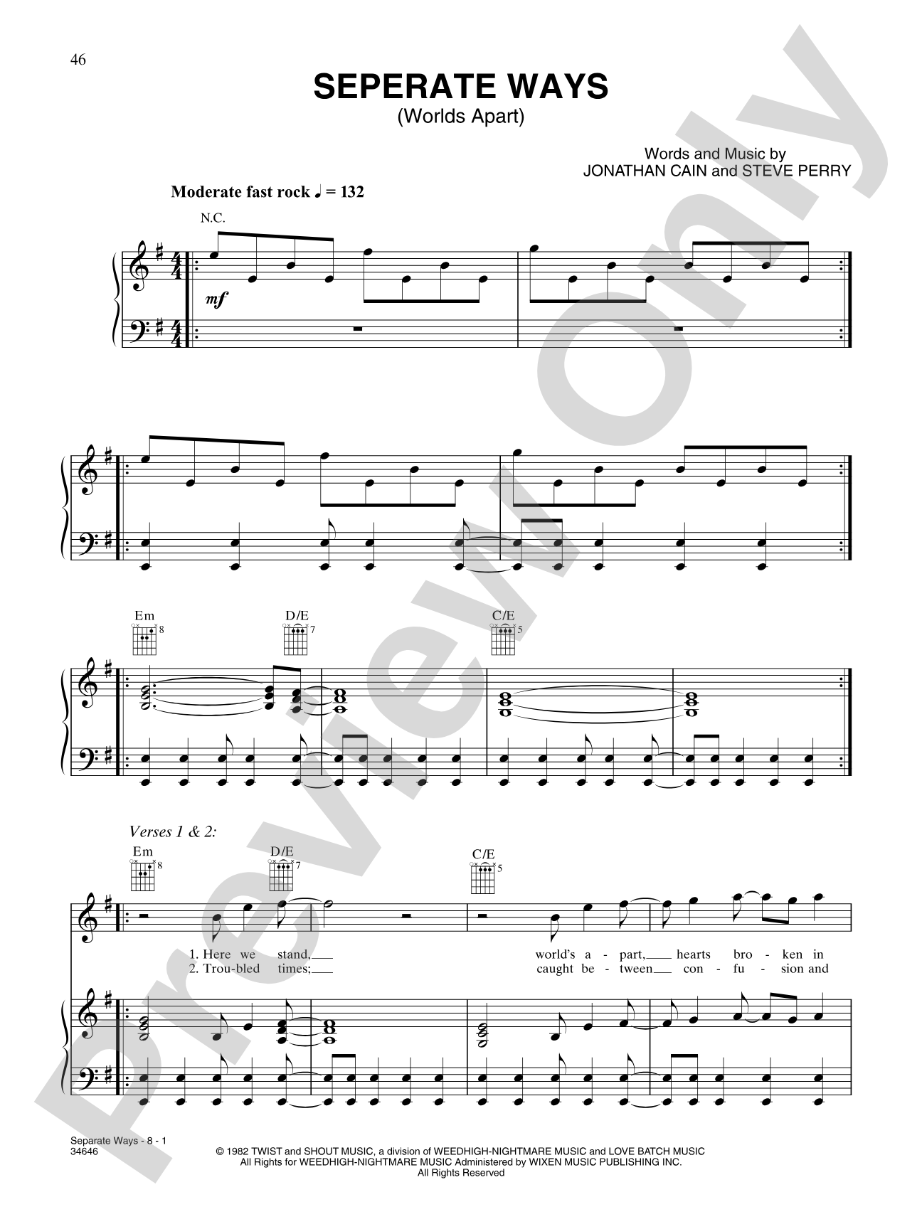 Separate Ways: Piano/Vocal/Chords