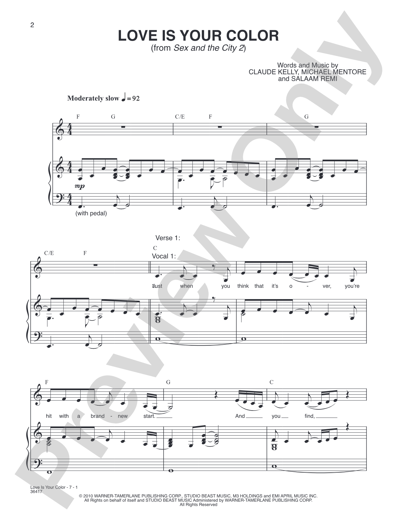 Love is Your Color (from "Sex in the City 2"): Piano/Vocal/Chords