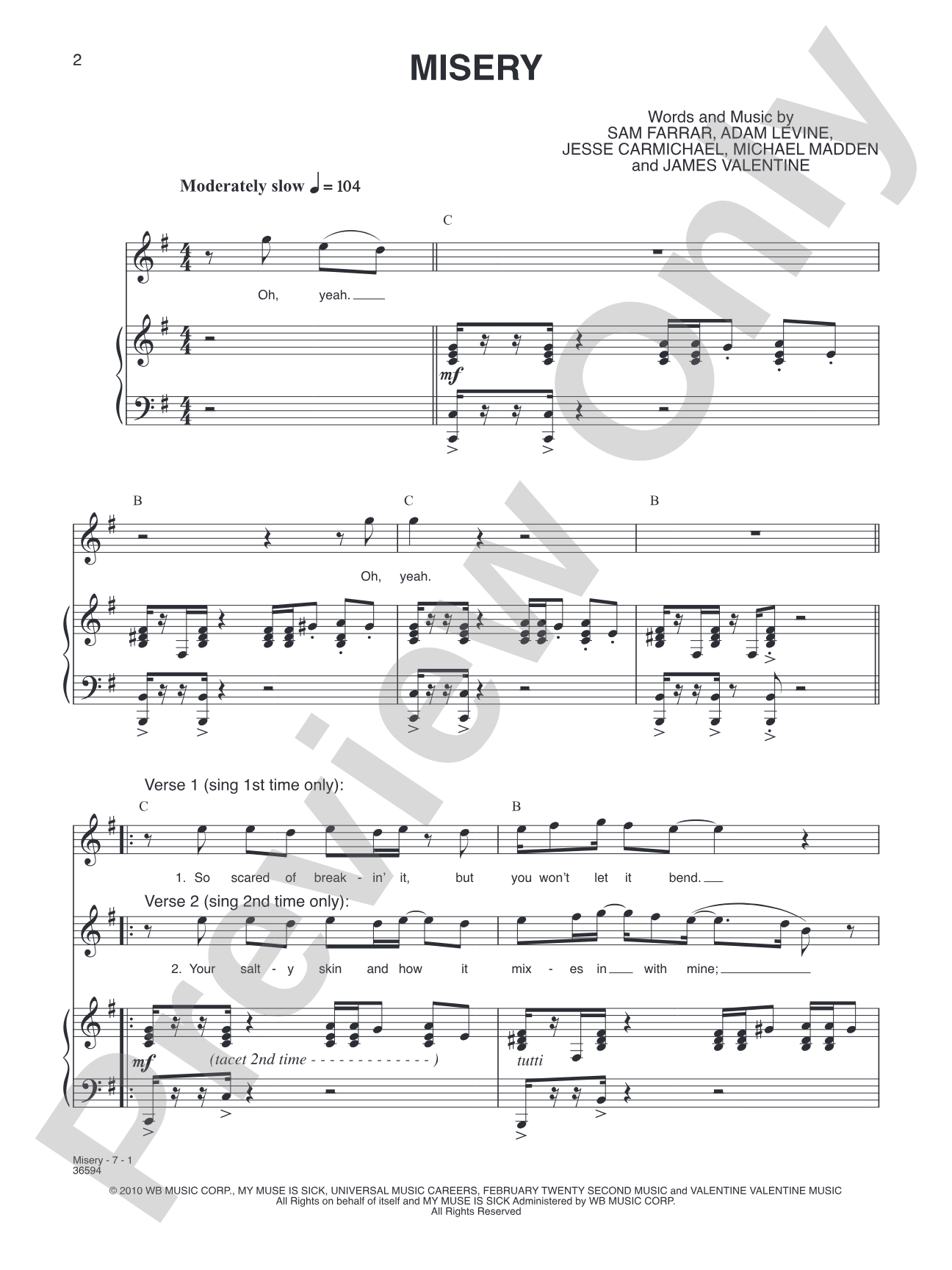 Misery: Piano/Vocal/Chords