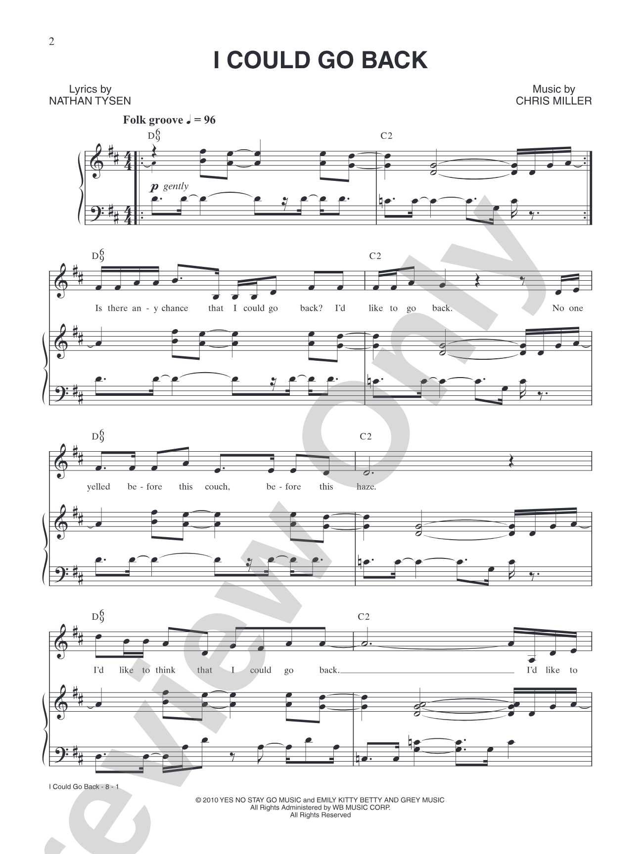 I Could Go Back: Piano/Vocal/Chords