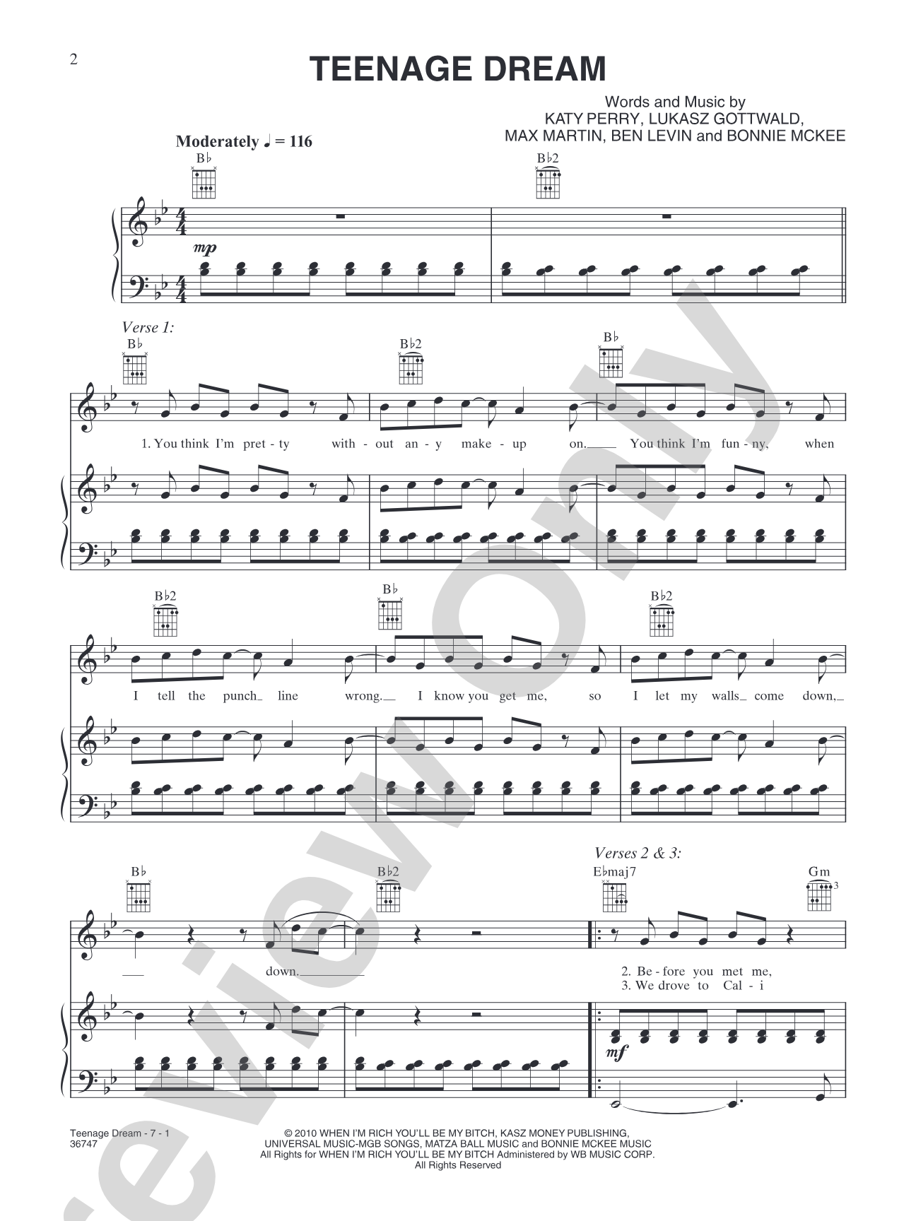 Teenage Dream: Piano/Vocal/Chords