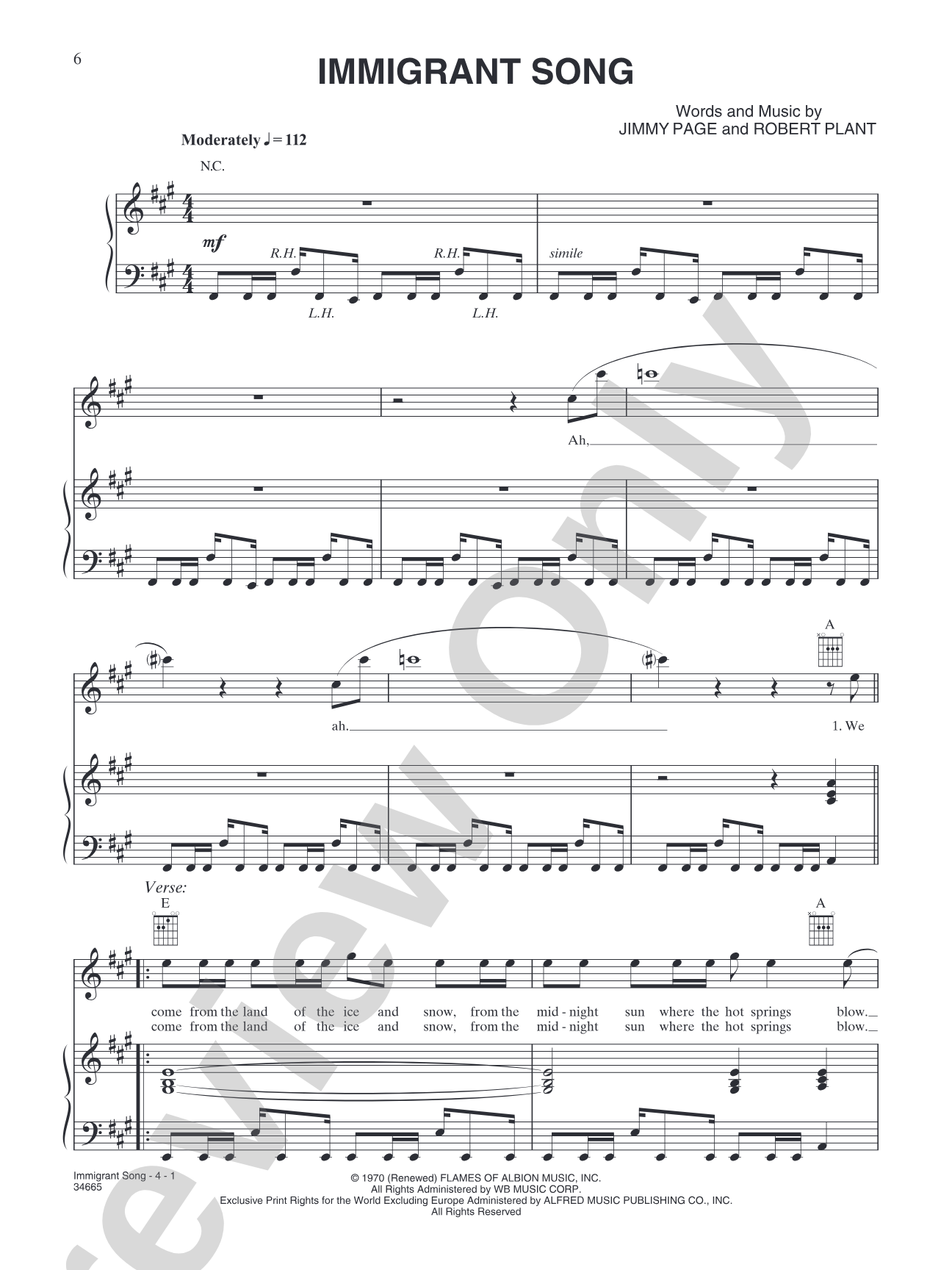 Immigrant Song: Piano/Vocal/Chords